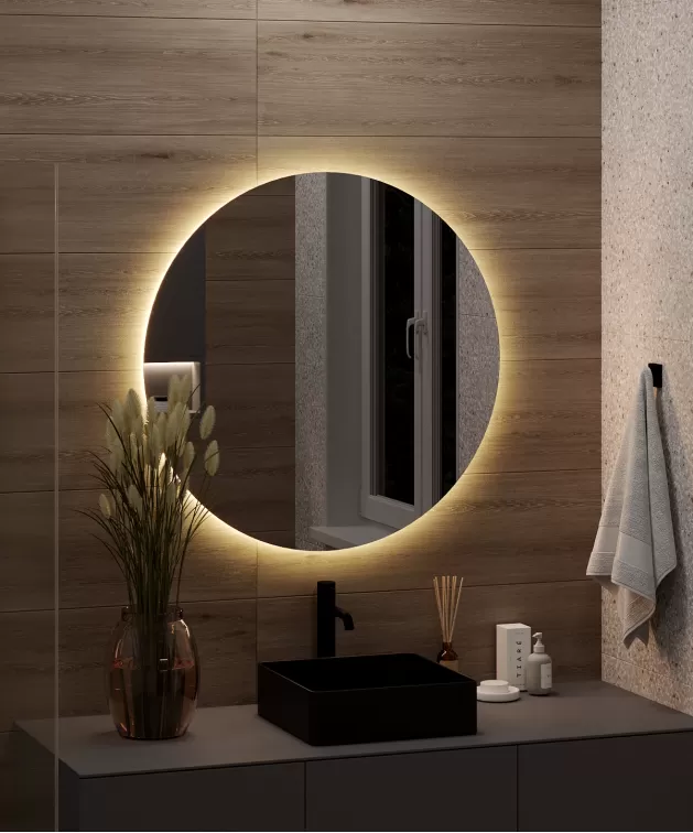 Apvalus veidrodis su galiniu LED apšvietimu Apvalus veidrodis su galiniu LED apšvietimu